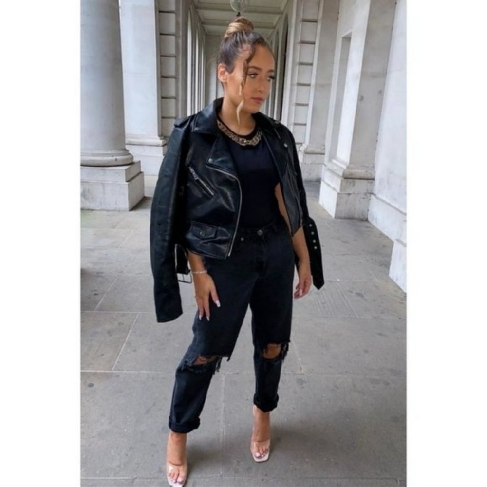 Black High Waist Ripped Distressed Cuffed Boyfriend Jeans Denim Pants - Picture 2 of 9